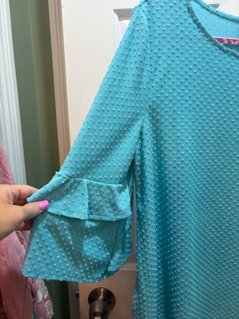 Ruby Rd. Large Women's Teal Textured Ruffle Sleeve Top - Picture 2 of 16